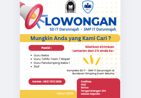 Lowongan Guru dan Karyawan SD IT dan SMP IT Darunnajah Seluma 2025